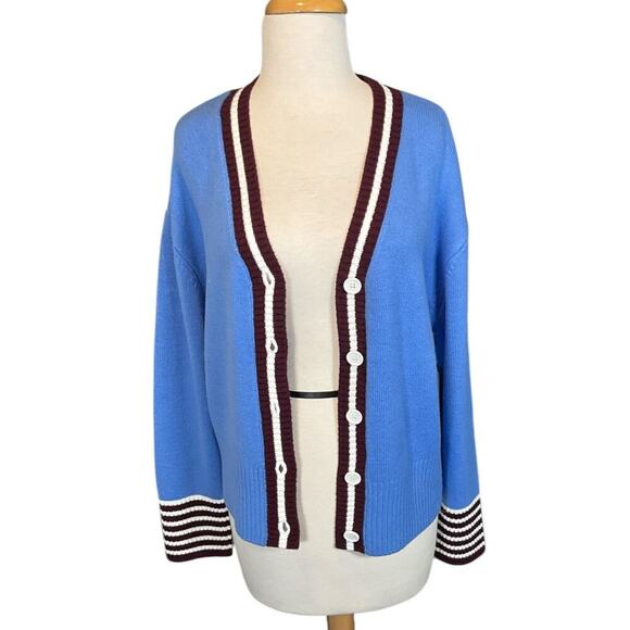 NWT French Connection Preppy Blue, White, Maroon Cardigan Medium Button Down 90s - Picture 2 of 10